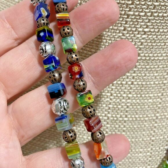 Double Strand Beaded Necklace Colorful Glass & Ceramic Stone Beads Artisan Look - Picture 3 of 6